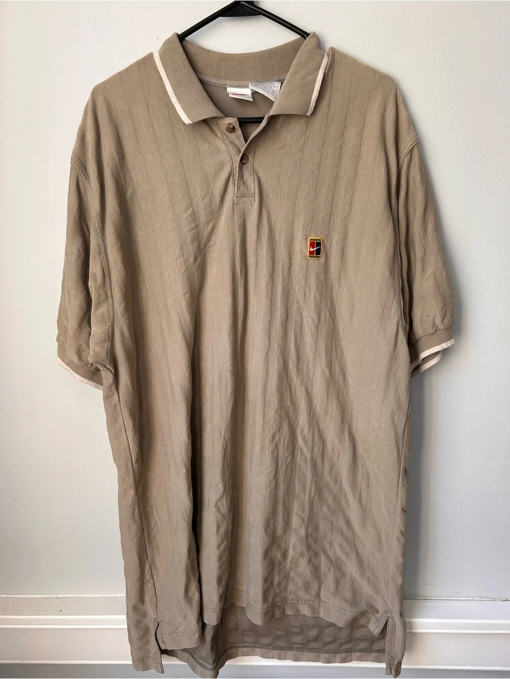 Vintage Nike Court FIT 90s Tennis Tan Beige Polo Shirt Logo 2XL Shadow Stripe